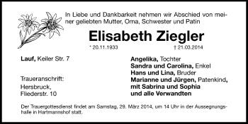 Traueranzeige von Elisabeth Ziegler von Pegnitz-Zeitung